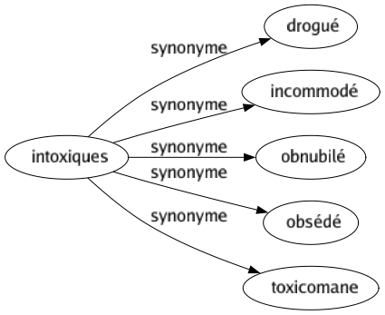 Synonyme de Intoxiques : Drogué Incommodé Obnubilé Obsédé Toxicomane 