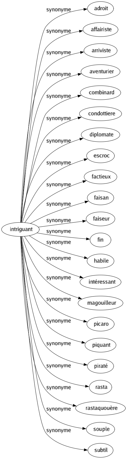 Synonyme de Intriguant : Adroit Affairiste Arriviste Aventurier Combinard Condottiere Diplomate Escroc Factieux Faisan Faiseur Fin Habile Intéressant Magouilleur Picaro Piquant Piraté Rasta Rastaquouère Souple Subtil 