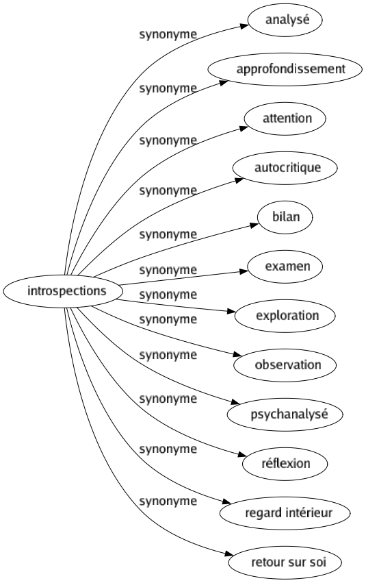 Synonyme de Introspections : Analysé Approfondissement Attention Autocritique Bilan Examen Exploration Observation Psychanalysé Réflexion Regard intérieur Retour sur soi 