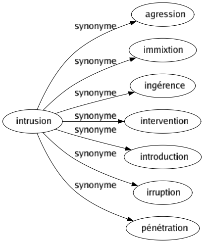 Synonyme de Intrusion : Agression Immixtion Ingérence Intervention Introduction Irruption Pénétration 