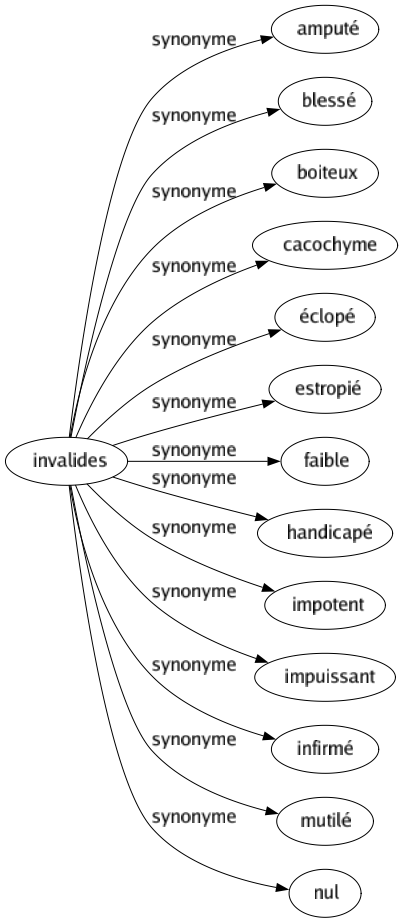 Synonyme de Invalides : Amputé Blessé Boiteux Cacochyme Éclopé Estropié Faible Handicapé Impotent Impuissant Infirmé Mutilé Nul 