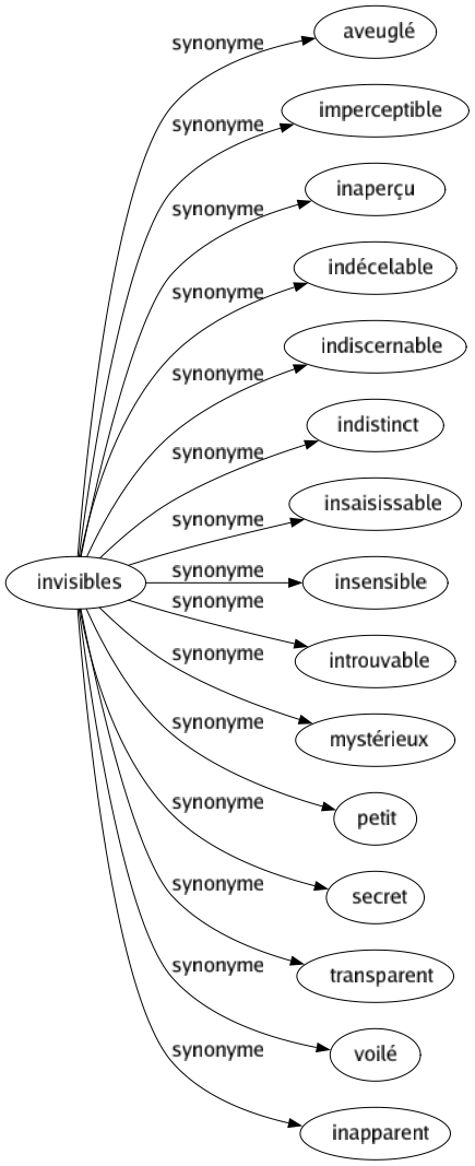 Synonyme de Invisibles : Aveuglé Imperceptible Inaperçu Indécelable Indiscernable Indistinct Insaisissable Insensible Introuvable Mystérieux Petit Secret Transparent Voilé Inapparent 