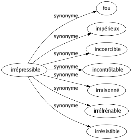 Synonyme de Irrépressible : Fou Impérieux Incoercible Incontrôlable Irraisonné Irréfrénable Irrésistible 