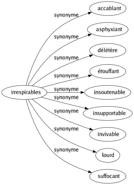 Synonyme de Irrespirables : Accablant Asphyxiant Délétère Étouffant Insoutenable Insupportable Invivable Lourd Suffocant 