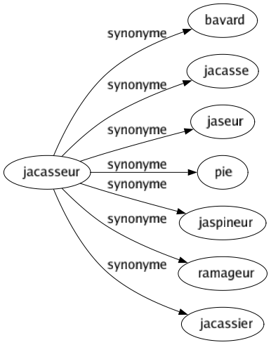 Synonyme de Jacasseur : Bavard Jacasse Jaseur Pie Jaspineur Ramageur Jacassier 