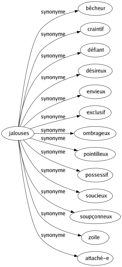 Synonyme de Jalouses : Bêcheur Craintif Défiant Désireux Envieux Exclusif Ombrageux Pointilleux Possessif Soucieux Soupçonneux Zoïle Attaché-e 