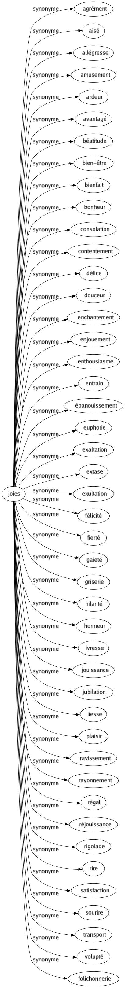 Synonyme de Joies : Agrément Aisé Allégresse Amusement Ardeur Avantagé Béatitude Bien-être Bienfait Bonheur Consolation Contentement Délice Douceur Enchantement Enjouement Enthousiasmé Entrain Épanouissement Euphorie Exaltation Extase Exultation Félicité Fierté Gaieté Griserie Hilarité Honneur Ivresse Jouissance Jubilation Liesse Plaisir Ravissement Rayonnement Régal Réjouissance Rigolade Rire Satisfaction Sourire Transport Volupté Folichonnerie 