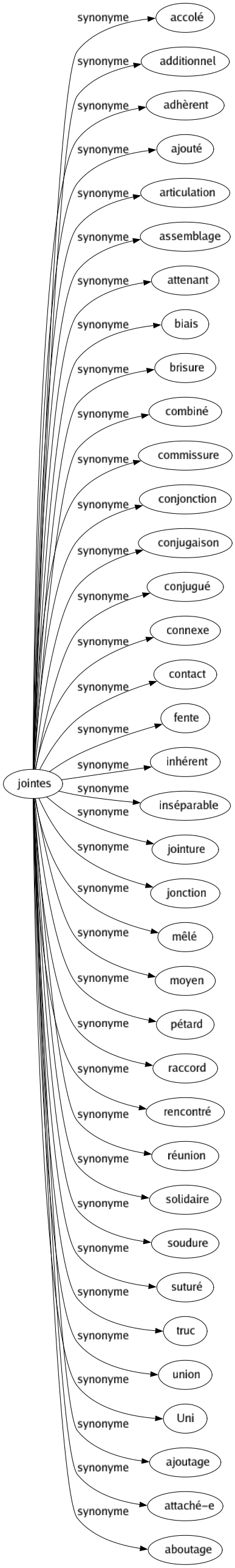 Synonyme de Jointes : Accolé Additionnel Adhèrent Ajouté Articulation Assemblage Attenant Biais Brisure Combiné Commissure Conjonction Conjugaison Conjugué Connexe Contact Fente Inhérent Inséparable Jointure Jonction Mêlé Moyen Pétard Raccord Rencontré Réunion Solidaire Soudure Suturé Truc Union Uni Ajoutage Attaché-e Aboutage 