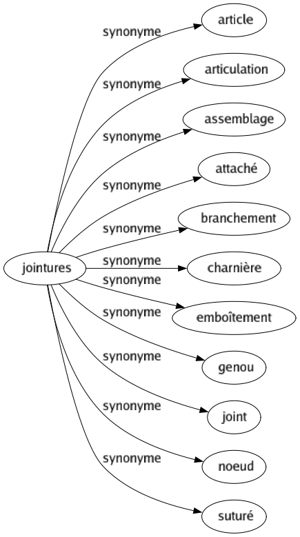 Synonyme de Jointures : Article Articulation Assemblage Attaché Branchement Charnière Emboîtement Genou Joint Noeud Suturé 