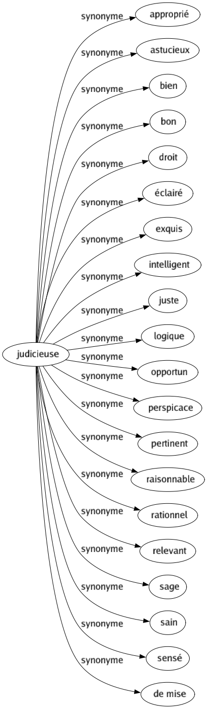 Synonyme de Judicieuse : Approprié Astucieux Bien Bon Droit Éclairé Exquis Intelligent Juste Logique Opportun Perspicace Pertinent Raisonnable Rationnel Relevant Sage Sain Sensé De mise 