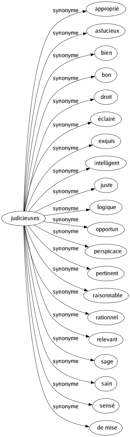 Synonyme de Judicieuses : Approprié Astucieux Bien Bon Droit Éclairé Exquis Intelligent Juste Logique Opportun Perspicace Pertinent Raisonnable Rationnel Relevant Sage Sain Sensé De mise 