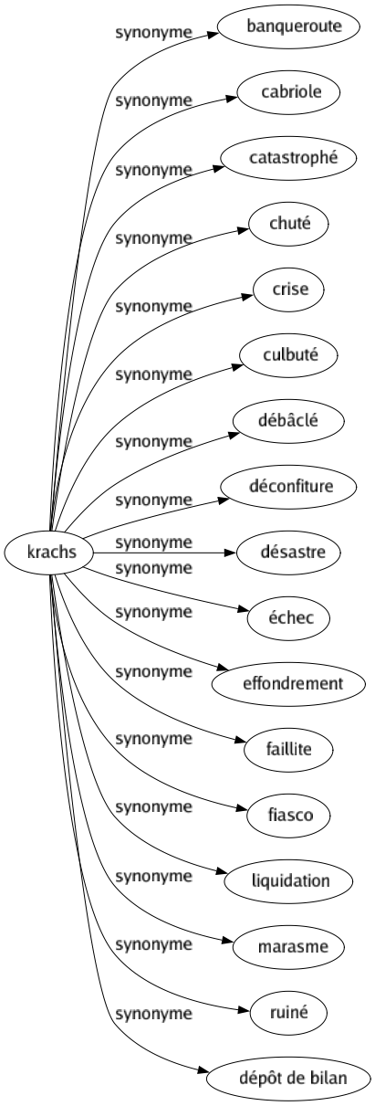 Synonyme de Krachs : Banqueroute Cabriole Catastrophé Chuté Crise Culbuté Débâclé Déconfiture Désastre Échec Effondrement Faillite Fiasco Liquidation Marasme Ruiné Dépôt de bilan 