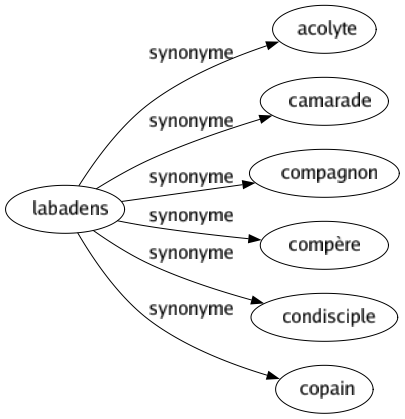 Synonyme de Labadens : Acolyte Camarade Compagnon Compère Condisciple Copain 