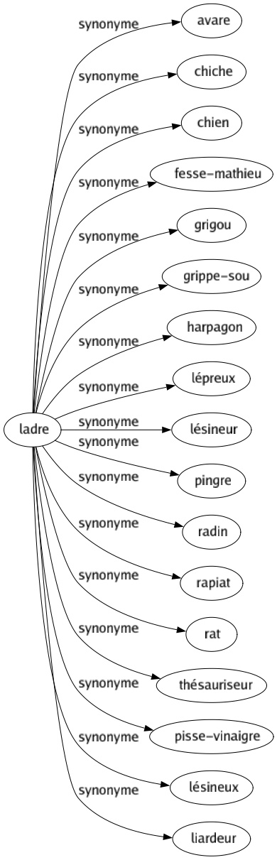 Synonyme de Ladre : Avare Chiche Chien Fesse-mathieu Grigou Grippe-sou Harpagon Lépreux Lésineur Pingre Radin Rapiat Rat Thésauriseur Pisse-vinaigre Lésineux Liardeur 