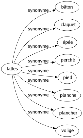 Synonyme de Lattes : Bâton Claquet Épée Perché Pied Planche Plancher Volige 