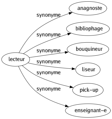 Synonyme de Lecteur : Anagnoste Bibliophage Bouquineur Liseur Pick-up Enseignant-e 