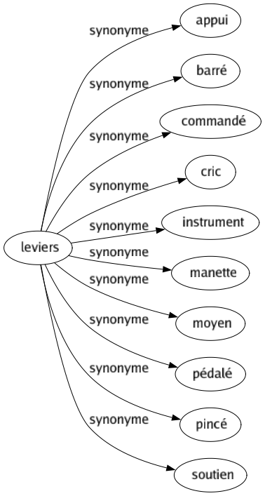 Synonyme de Leviers : Appui Barré Commandé Cric Instrument Manette Moyen Pédalé Pincé Soutien 