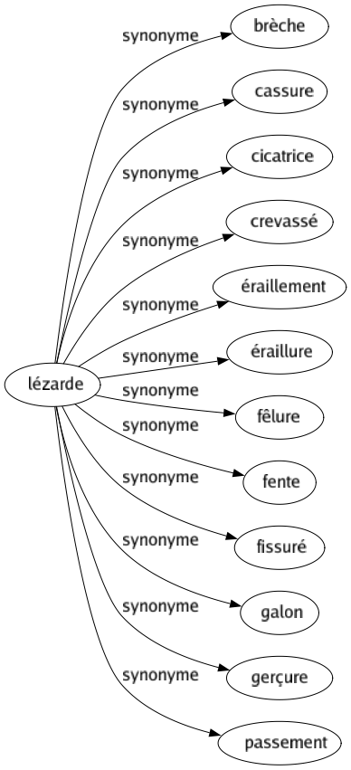 Synonyme de Lézarde : Brèche Cassure Cicatrice Crevassé Éraillement Éraillure Fêlure Fente Fissuré Galon Gerçure Passement 