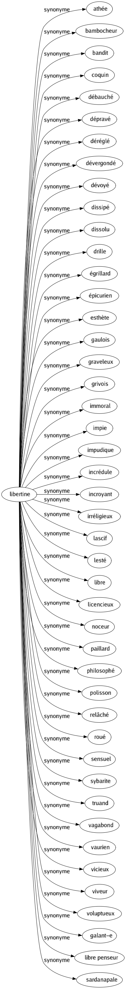 Synonyme de Libertine : Athée Bambocheur Bandit Coquin Débauché Dépravé Déréglé Dévergondé Dévoyé Dissipé Dissolu Drille Égrillard Épicurien Esthète Gaulois Graveleux Grivois Immoral Impie Impudique Incrédule Incroyant Irréligieux Lascif Lesté Libre Licencieux Noceur Paillard Philosophé Polisson Relâché Roué Sensuel Sybarite Truand Vagabond Vaurien Vicieux Viveur Voluptueux Galant-e Libre penseur Sardanapale 