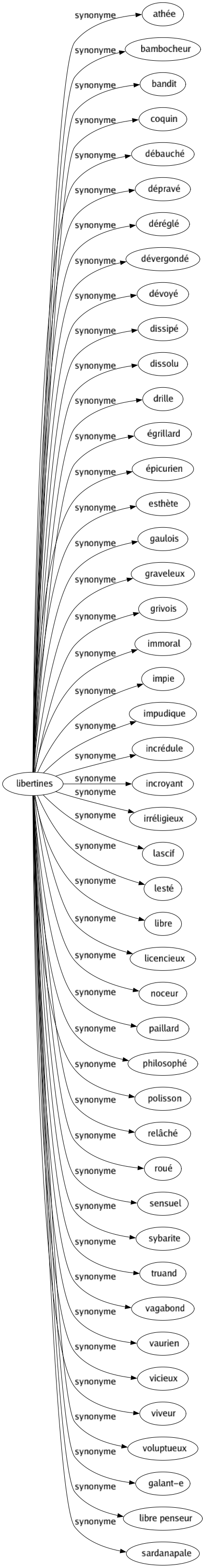 Synonyme de Libertines : Athée Bambocheur Bandit Coquin Débauché Dépravé Déréglé Dévergondé Dévoyé Dissipé Dissolu Drille Égrillard Épicurien Esthète Gaulois Graveleux Grivois Immoral Impie Impudique Incrédule Incroyant Irréligieux Lascif Lesté Libre Licencieux Noceur Paillard Philosophé Polisson Relâché Roué Sensuel Sybarite Truand Vagabond Vaurien Vicieux Viveur Voluptueux Galant-e Libre penseur Sardanapale 