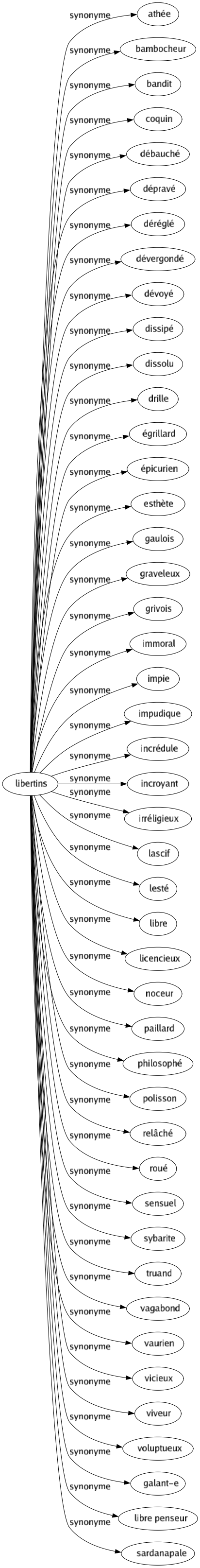 Synonyme de Libertins : Athée Bambocheur Bandit Coquin Débauché Dépravé Déréglé Dévergondé Dévoyé Dissipé Dissolu Drille Égrillard Épicurien Esthète Gaulois Graveleux Grivois Immoral Impie Impudique Incrédule Incroyant Irréligieux Lascif Lesté Libre Licencieux Noceur Paillard Philosophé Polisson Relâché Roué Sensuel Sybarite Truand Vagabond Vaurien Vicieux Viveur Voluptueux Galant-e Libre penseur Sardanapale 