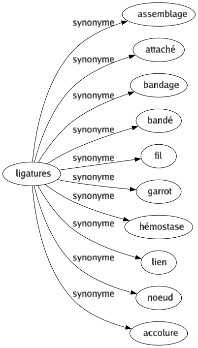 Synonyme de Ligatures : Assemblage Attaché Bandage Bandé Fil Garrot Hémostase Lien Noeud Accolure 