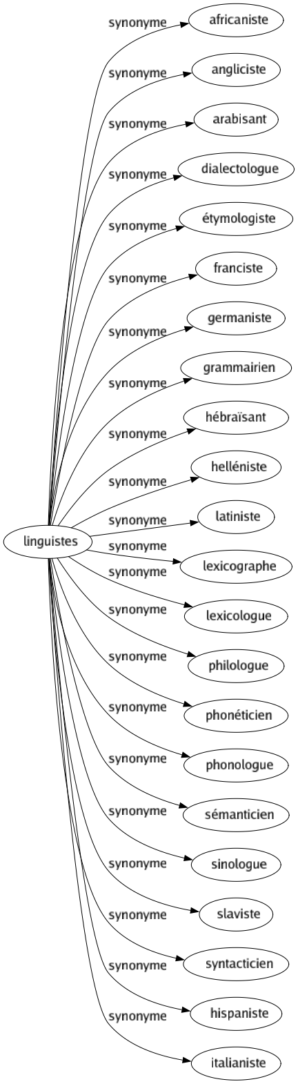 Synonyme de Linguistes : Africaniste Angliciste Arabisant Dialectologue Étymologiste Franciste Germaniste Grammairien Hébraïsant Helléniste Latiniste Lexicographe Lexicologue Philologue Phonéticien Phonologue Sémanticien Sinologue Slaviste Syntacticien Hispaniste Italianiste 