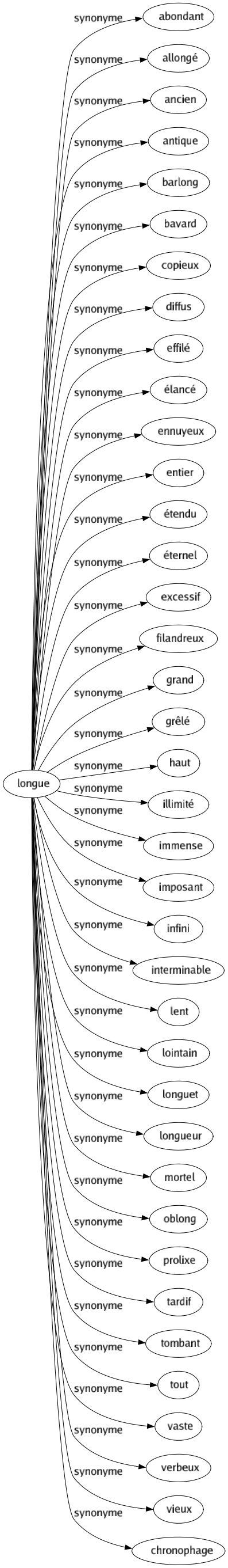 Synonyme de Longue : Abondant Allongé Ancien Antique Barlong Bavard Copieux Diffus Effilé Élancé Ennuyeux Entier Étendu Éternel Excessif Filandreux Grand Grêlé Haut Illimité Immense Imposant Infini Interminable Lent Lointain Longuet Longueur Mortel Oblong Prolixe Tardif Tombant Tout Vaste Verbeux Vieux Chronophage 