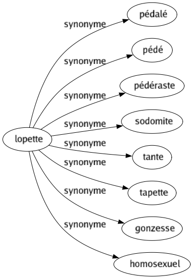 Synonyme de Lopette : Pédalé Pédé Pédéraste Sodomite Tante Tapette Gonzesse Homosexuel 