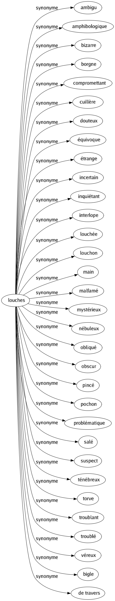 Synonyme de Louches : Ambigu Amphibologique Bizarre Borgne Compromettant Cuillère Douteux Équivoque Étrange Incertain Inquiétant Interlope Louchée Louchon Main Malfamé Mystérieux Nébuleux Obliqué Obscur Pincé Pochon Problématique Salé Suspect Ténébreux Torve Troublant Troublé Véreux Bigle De travers 