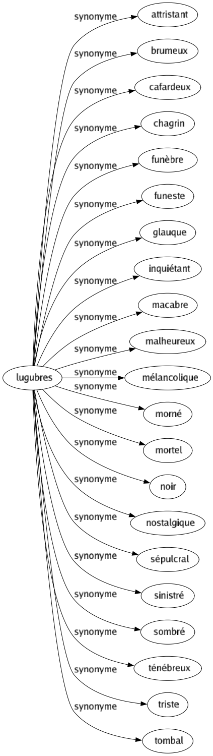 Synonyme de Lugubres : Attristant Brumeux Cafardeux Chagrin Funèbre Funeste Glauque Inquiétant Macabre Malheureux Mélancolique Morné Mortel Noir Nostalgique Sépulcral Sinistré Sombré Ténébreux Triste Tombal 