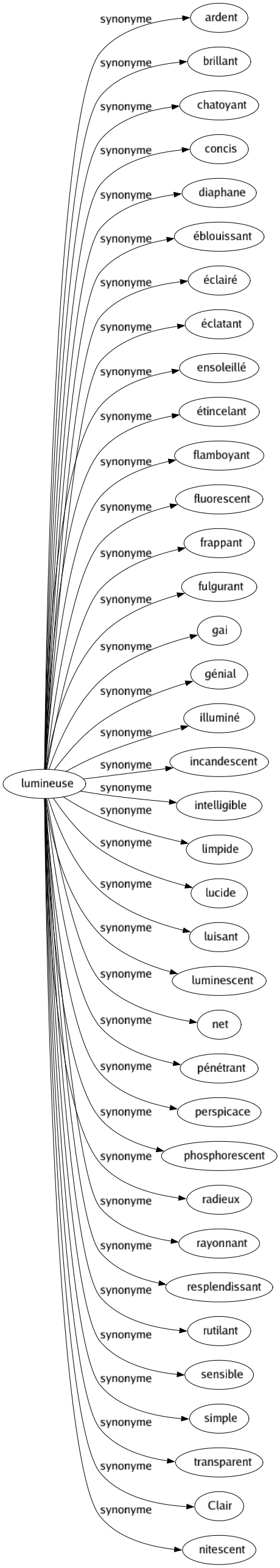 Synonyme de Lumineuse : Ardent Brillant Chatoyant Concis Diaphane Éblouissant Éclairé Éclatant Ensoleillé Étincelant Flamboyant Fluorescent Frappant Fulgurant Gai Génial Illuminé Incandescent Intelligible Limpide Lucide Luisant Luminescent Net Pénétrant Perspicace Phosphorescent Radieux Rayonnant Resplendissant Rutilant Sensible Simple Transparent Clair Nitescent 