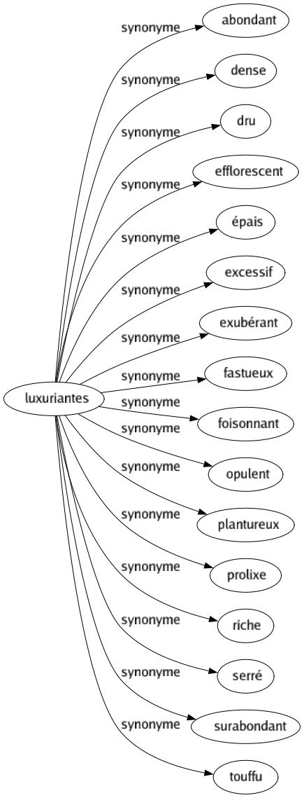 Synonyme de Luxuriantes : Abondant Dense Dru Efflorescent Épais Excessif Exubérant Fastueux Foisonnant Opulent Plantureux Prolixe Riche Serré Surabondant Touffu 