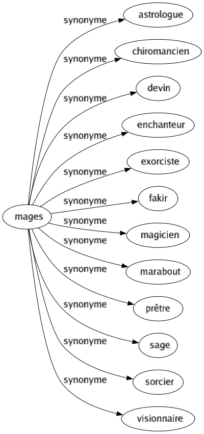 Synonyme de Mages : Astrologue Chiromancien Devin Enchanteur Exorciste Fakir Magicien Marabout Prêtre Sage Sorcier Visionnaire 