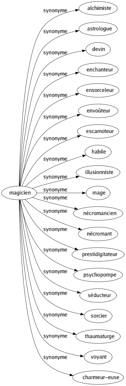 Synonyme de Magicien : Alchimiste Astrologue Devin Enchanteur Ensorceleur Envoûteur Escamoteur Habile Illusionniste Mage Nécromancien Nécromant Prestidigitateur Psychopompe Séducteur Sorcier Thaumaturge Voyant Charmeur-euse 