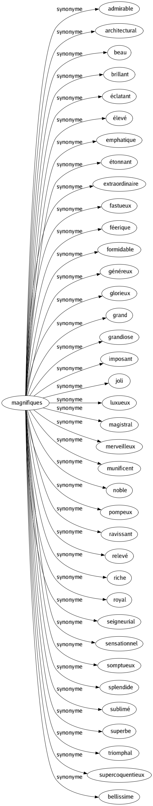 Synonyme de Magnifiques : Admirable Architectural Beau Brillant Éclatant Élevé Emphatique Étonnant Extraordinaire Fastueux Féerique Formidable Généreux Glorieux Grand Grandiose Imposant Joli Luxueux Magistral Merveilleux Munificent Noble Pompeux Ravissant Relevé Riche Royal Seigneurial Sensationnel Somptueux Splendide Sublimé Superbe Triomphal Supercoquentieux Bellissime 