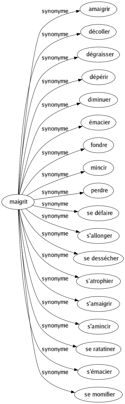 Synonyme de Maigrit : Amaigrir Décoller Dégraisser Dépérir Diminuer Émacier Fondre Mincir Perdre Se défaire S'allonger Se dessécher S'atrophier S'amaigrir S'amincir Se ratatiner S'émacier Se momifier 