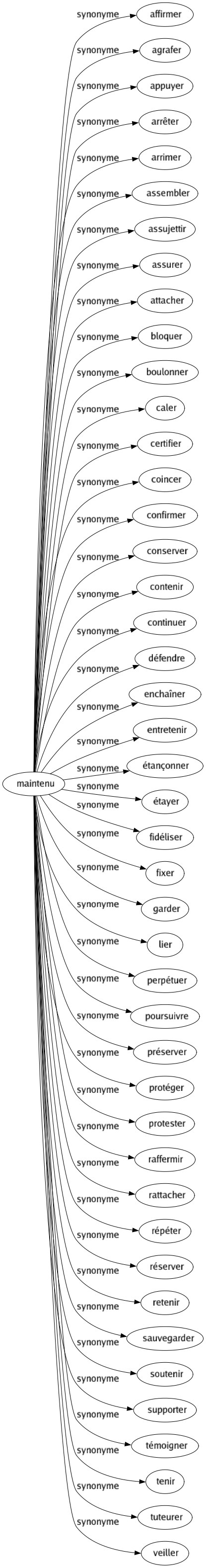 Synonyme de Maintenu : Affirmer Agrafer Appuyer Arrêter Arrimer Assembler Assujettir Assurer Attacher Bloquer Boulonner Caler Certifier Coincer Confirmer Conserver Contenir Continuer Défendre Enchaîner Entretenir Étançonner Étayer Fidéliser Fixer Garder Lier Perpétuer Poursuivre Préserver Protéger Protester Raffermir Rattacher Répéter Réserver Retenir Sauvegarder Soutenir Supporter Témoigner Tenir Tuteurer Veiller 