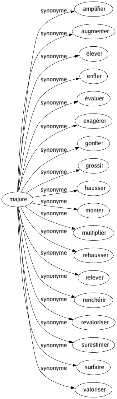 Synonyme de Majore : Amplifier Augmenter Élever Enfler Évaluer Exagérer Gonfler Grossir Hausser Monter Multiplier Rehausser Relever Renchérir Revaloriser Surestimer Surfaire Valoriser 