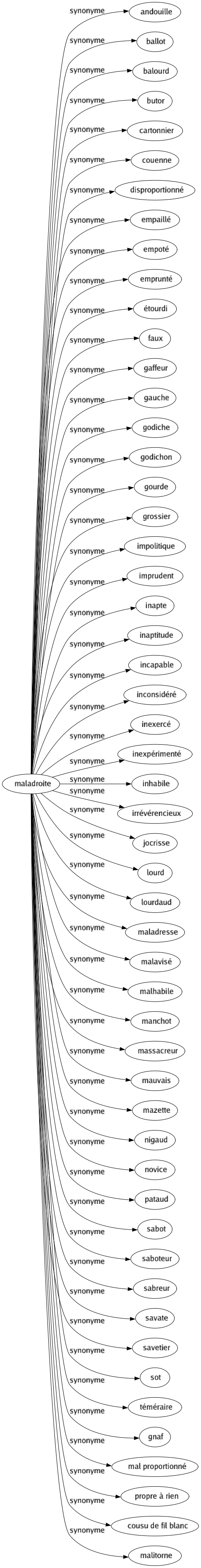 Synonyme de Maladroite : Andouille Ballot Balourd Butor Cartonnier Couenne Disproportionné Empaillé Empoté Emprunté Étourdi Faux Gaffeur Gauche Godiche Godichon Gourde Grossier Impolitique Imprudent Inapte Inaptitude Incapable Inconsidéré Inexercé Inexpérimenté Inhabile Irrévérencieux Jocrisse Lourd Lourdaud Maladresse Malavisé Malhabile Manchot Massacreur Mauvais Mazette Nigaud Novice Pataud Sabot Saboteur Sabreur Savate Savetier Sot Téméraire Gnaf Mal proportionné Propre à rien Cousu de fil blanc Malitorne 