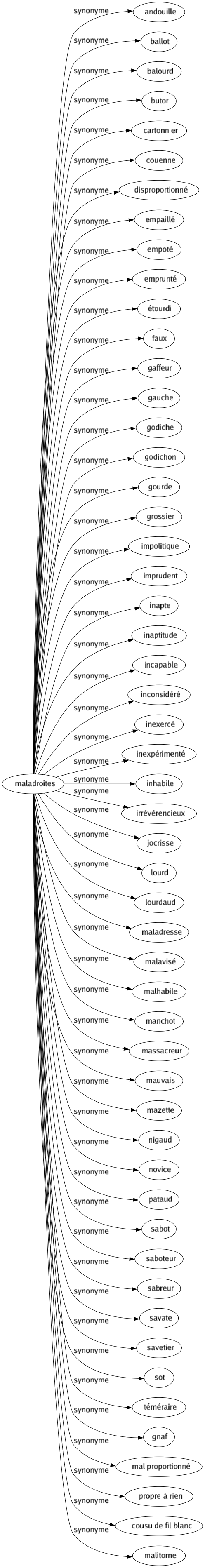 Synonyme de Maladroites : Andouille Ballot Balourd Butor Cartonnier Couenne Disproportionné Empaillé Empoté Emprunté Étourdi Faux Gaffeur Gauche Godiche Godichon Gourde Grossier Impolitique Imprudent Inapte Inaptitude Incapable Inconsidéré Inexercé Inexpérimenté Inhabile Irrévérencieux Jocrisse Lourd Lourdaud Maladresse Malavisé Malhabile Manchot Massacreur Mauvais Mazette Nigaud Novice Pataud Sabot Saboteur Sabreur Savate Savetier Sot Téméraire Gnaf Mal proportionné Propre à rien Cousu de fil blanc Malitorne 