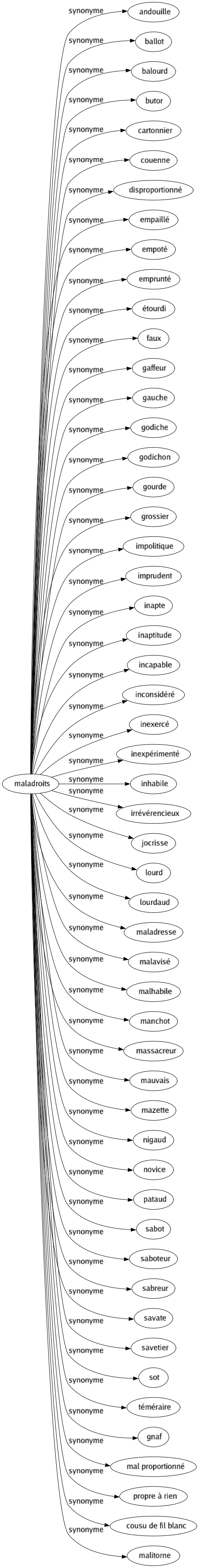 Synonyme de Maladroits : Andouille Ballot Balourd Butor Cartonnier Couenne Disproportionné Empaillé Empoté Emprunté Étourdi Faux Gaffeur Gauche Godiche Godichon Gourde Grossier Impolitique Imprudent Inapte Inaptitude Incapable Inconsidéré Inexercé Inexpérimenté Inhabile Irrévérencieux Jocrisse Lourd Lourdaud Maladresse Malavisé Malhabile Manchot Massacreur Mauvais Mazette Nigaud Novice Pataud Sabot Saboteur Sabreur Savate Savetier Sot Téméraire Gnaf Mal proportionné Propre à rien Cousu de fil blanc Malitorne 