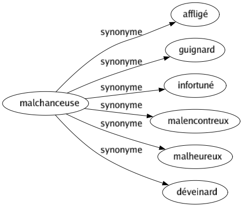 Synonyme de Malchanceuse : Affligé Guignard Infortuné Malencontreux Malheureux Déveinard 