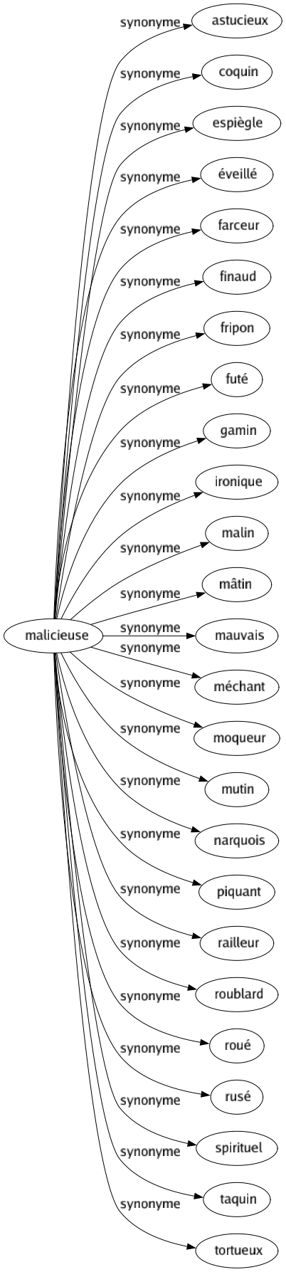 Synonyme de Malicieuse : Astucieux Coquin Espiègle Éveillé Farceur Finaud Fripon Futé Gamin Ironique Malin Mâtin Mauvais Méchant Moqueur Mutin Narquois Piquant Railleur Roublard Roué Rusé Spirituel Taquin Tortueux 