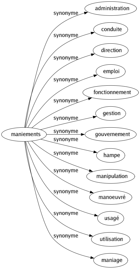 Synonyme de Maniements : Administration Conduite Direction Emploi Fonctionnement Gestion Gouvernement Hampe Manipulation Manoeuvré Usagé Utilisation Maniage 