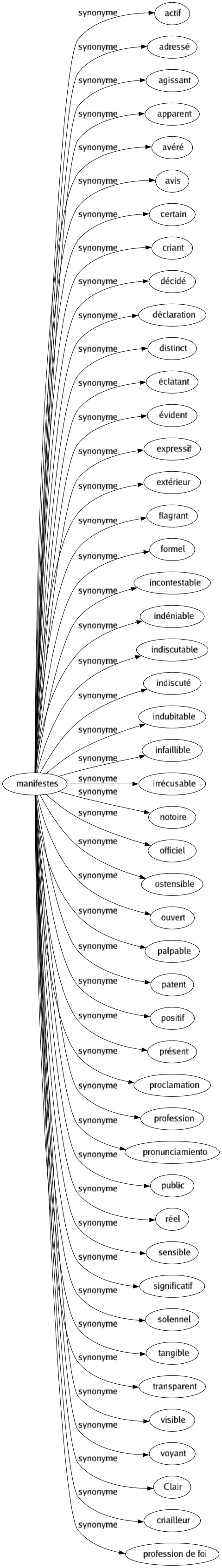 Synonyme de Manifestes : Actif Adressé Agissant Apparent Avéré Avis Certain Criant Décidé Déclaration Distinct Éclatant Évident Expressif Extérieur Flagrant Formel Incontestable Indéniable Indiscutable Indiscuté Indubitable Infaillible Irrécusable Notoire Officiel Ostensible Ouvert Palpable Patent Positif Présent Proclamation Profession Pronunciamiento Public Réel Sensible Significatif Solennel Tangible Transparent Visible Voyant Clair Criailleur Profession de foi 