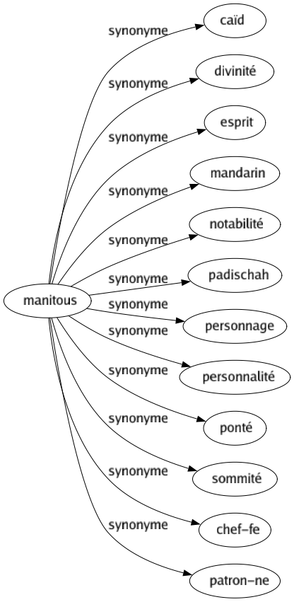 Synonyme de Manitous : Caïd Divinité Esprit Mandarin Notabilité Padischah Personnage Personnalité Ponté Sommité Chef-fe Patron-ne 