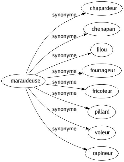 Synonyme de Maraudeuse : Chapardeur Chenapan Filou Fourrageur Fricoteur Pillard Voleur Rapineur 