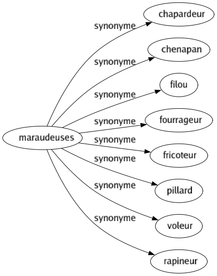 Synonyme de Maraudeuses : Chapardeur Chenapan Filou Fourrageur Fricoteur Pillard Voleur Rapineur 