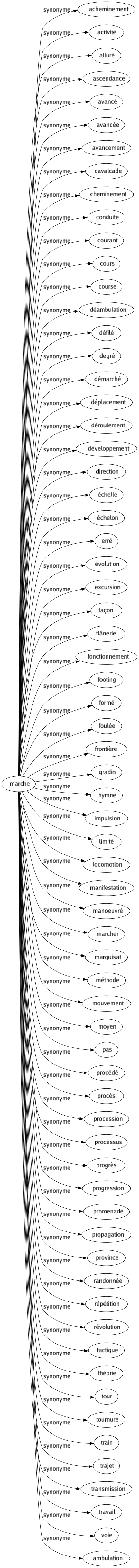 Synonyme de Marche : Acheminement Activité Alluré Ascendance Avancé Avancée Avancement Cavalcade Cheminement Conduite Courant Cours Course Déambulation Défilé Degré Démarché Déplacement Déroulement Développement Direction Échelle Échelon Erré Évolution Excursion Façon Flânerie Fonctionnement Footing Formé Foulée Frontière Gradin Hymne Impulsion Limité Locomotion Manifestation Manoeuvré Marcher Marquisat Méthode Mouvement Moyen Pas Procédé Procès Procession Processus Progrès Progression Promenade Propagation Province Randonnée Répétition Révolution Tactique Théorie Tour Tournure Train Trajet Transmission Travail Voie Ambulation 